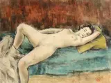 Dan Ialomiţeanu, Nud pe divan, cărbune, acuarelă și pastel pe hârtie