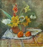 Maria Ciurdea Steurer, Natură statică cu gladiole, floarea-soarelui și piersici, 1948, ulei pe carton
