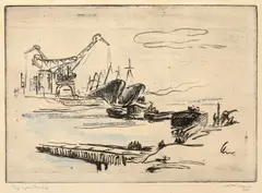 Simion Iuca, La Galați, 1964, gravură acuarelată