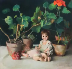 Gyula Bálint, Mușcate și păpuși, pastel pe carton