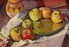 Natură statică cu mere și ceramică populară by Gore Mircescu, ulei pe placaj, sold Sep 2024