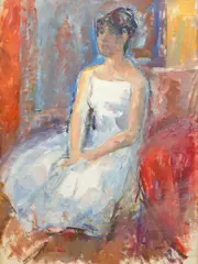 Modelul by Ion Musceleanu, ulei pe carton, sold Sep 2024
