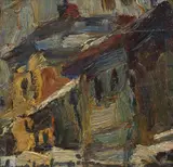 Case din Sighişoara by Rudolf Schweitzer–Cumpăna, ulei pe carton, sold Sep 2024