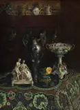 Interior cu statuetă de porțelan (Annette și Lubin) by sec. Xix Școală Franceză, ulei pe pânză, sold Sep 2024