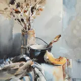 Corneliu Drăgan-Târgoviște, Natură statică de atelier, 2015, acuarelă pe hârtie