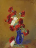 Ulcior cu garoafe by Leon Biju, 1957, ulei pe carton, sold Sep 2024