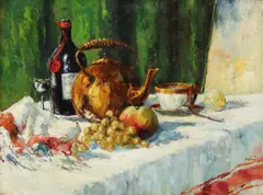 Dimitrie Szilaghi, Natură statică cu ceainic și sticlă de vin, 1908, ulei pe pânză