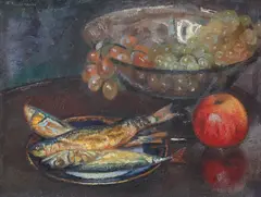 Aurel Bordenache, Natură statică cu păstrăvi și fructe, 1936, ulei pe pânză