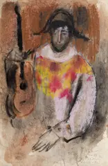 Corneliu Baba, Arlechin cu chitară, 1975, guașă și creioane colorate pe hârtie