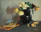 Natură statică cu trandafiri și albume de artă by Constantin Isachie Popescu, ulei pe carton, sold Jul 2024