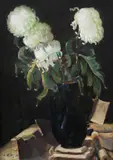 Canceu cu crizanteme albe by Leon Biju, ulei pe carton, sold Jul 2024