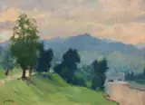 Dimineață pe Valea Oltului by Constantin Isachie Popescu, ulei pe carton, sold Jul 2024
