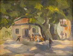 Stoyan Vasilev, Sunday in the village, oil on cardboard