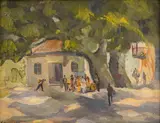 Stoyan Vasilev, Sunday in the village, oil on cardboard