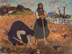 Nayden Petkov, Peasant Women Hoeing the Fields, mid 1960s, oil paints on cardboard