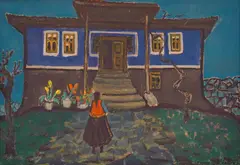 Pencho Balkanski, The blue house, 1956, oil on cardboard