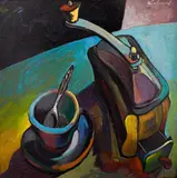 The morning coffee by Edmond Demirjian, oil on plywood, sold Jun 2024