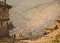 Peter Morozov, The old town among the hills, 1947, oil on cardboard
