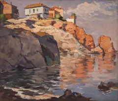 Sea shore at Sozopol by Mario Zhekov, 1930's, oil on canvas, sold Jun 2024