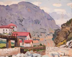 Vladimir Rilski, Houses in Smolyan, oil on paper laid on plywood
