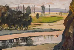 By the river by Boris Denev, oil on cardboard, sold Jun 2024