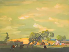 Vasil Stoilov, Working day in German village, 1978, watercolour on paper
