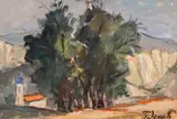 Boris Denev, Landscape with church, oil on cardboard