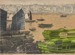 Veselin Staikov, The Harbor in Canton (China), 1950's, lithograph