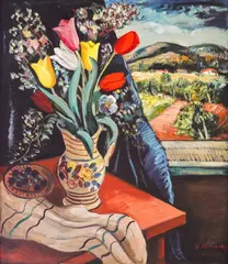 Bencho Obreshkov, Vase with tulips in the Rhodopes, 1930's, oil paints on canvas