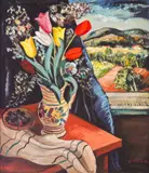 Bencho Obreshkov, Vase with tulips in the Rhodopes, 1930's, oil paints on canvas