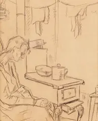 Pe gânduri by Nicolae Tonitza, cca. 1920, creion (negru și albastru) pe hârtie lipită pe carton, sold Jun 2024