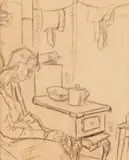 Nicolae Tonitza, Pe gânduri, cca. 1920, creion (negru și albastru) pe hârtie lipită pe carton