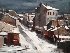 Jean Cheller, Iarnă în mahala, 1941, ulei pe placaj