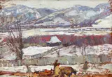 Iarnă la Moeciu by Rudolf Schweitzer–Cumpăna, anii '20, ulei pe carton, offered Jun 2024