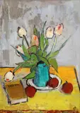 Natură statică cu lalele și mere by Alexandru Ciucurencu, anii '40, ulei pe carton, sold Jun 2024