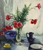 Natură statică cu garoafe și ceșcuță de cafea by Constantin Isachie Popescu, anii '20, ulei pe carton, offered Jun 2024