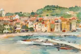 Bărci la Cassis by Lucian Grigorescu, anii '30, guaşă pe hârtie lipită pe carton, sold Jun 2024