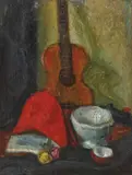 Iosif Iser, Natură statică cu chitară și pălărie de arlechin, 1947-1953, ulei pe pânză