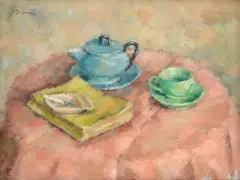 Natură statică cu ceainic by Dan Ialomiţeanu, cca. 1936, ulei pe pânză, sold Jun 2024