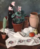 Ștefan Constantinescu, Natură statică cu ștergare și vase de pământ, anii '30, ulei pe pânză