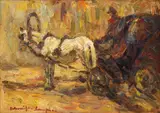 O birjă by Rudolf Schweitzer–Cumpăna, cca. 1939, ulei pe carton, sold Jun 2024