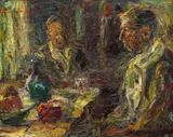 La un pahar by Rudolf Schweitzer–Cumpăna, anii '50, ulei pe carton, offered Jun 2024