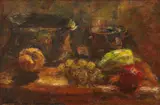 Natură statică cu vase și fructe by Rudolf Schweitzer–Cumpăna, sfârșitul anilor '40, ulei pe pânză, sold Jun 2024