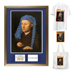 Jan van Eyck, Bărbatul cu tichie albastră (NFT produs în parteneriat cu Muzeul Național Brukenthal), 1. lot de artă digitală, unicat, fișier TIF, 3356 x 4551 pixels (45,846,208 bytes), în vederea criptării în format NFT (non-fungible token)
2. fine art print, 70 x 50 cm (cadru), 42.5 x 30 cm (imagine)
3. tricou, material textil, măsura M
4. Tote Bag, material textil, 37 x 40 cm
5. sticker, 15 x 20 cm