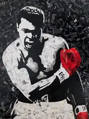 Ovidiu Solcan, Muhammad Ali, 2019, acrilic pe pânză, colaj din reviste reciclate, tăiate și lipite manual