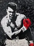 Ovidiu Solcan, Muhammad Ali, 2019, acrilic pe pânză, colaj din reviste reciclate, tăiate și lipite manual