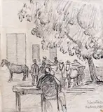 Dumitru Ghiață, Cafeneaua lui Mamut, 1920, tuș și cărbune pe hârtie