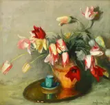 Natură statică cu lalele și ceșcuță de cafea by Constantin Isachie Popescu, ulei pe carton, sold May 2024