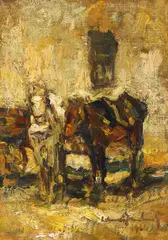 Rudolf Schweitzer–Cumpăna, Cai în repaos, 1966, ulei pe pânză lipită pe carton