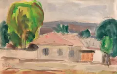 Henri Catargi, Case muntenești, 1937, acuarelă și cărbune pe hârtie